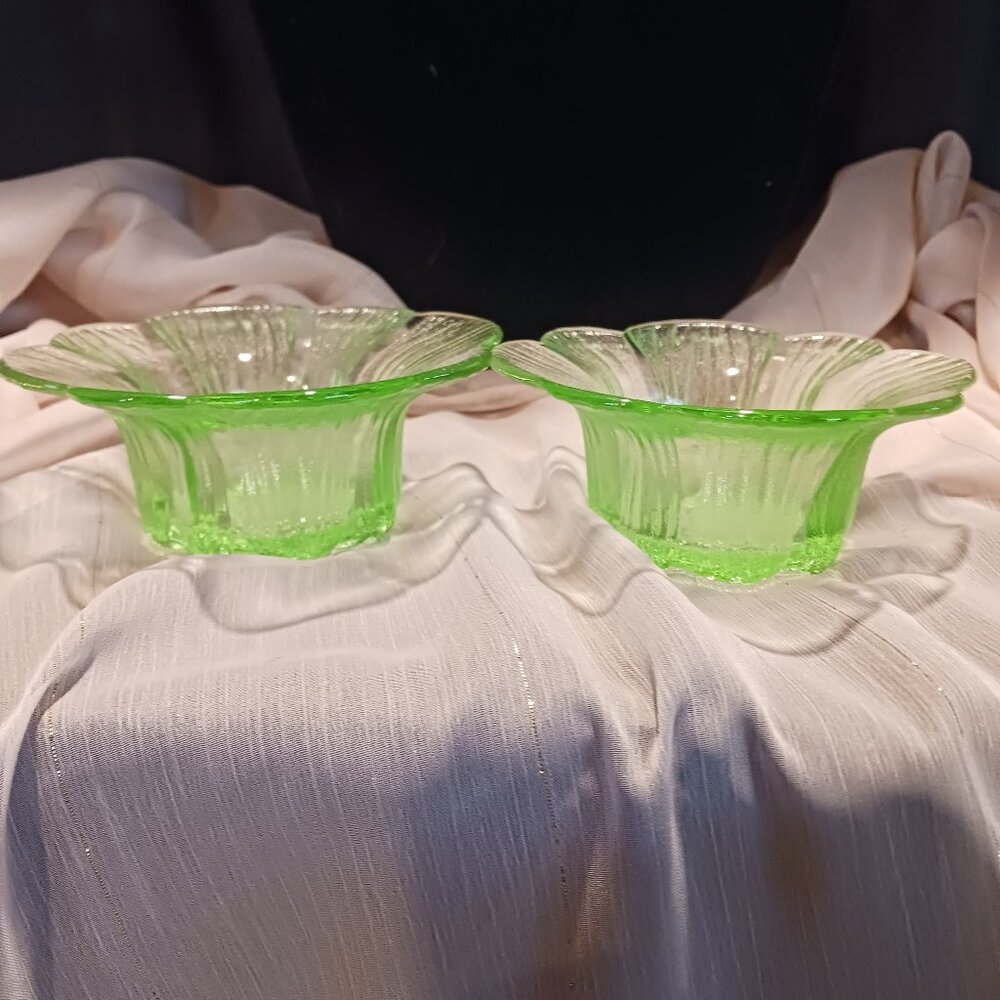 Green glass flower candle holders